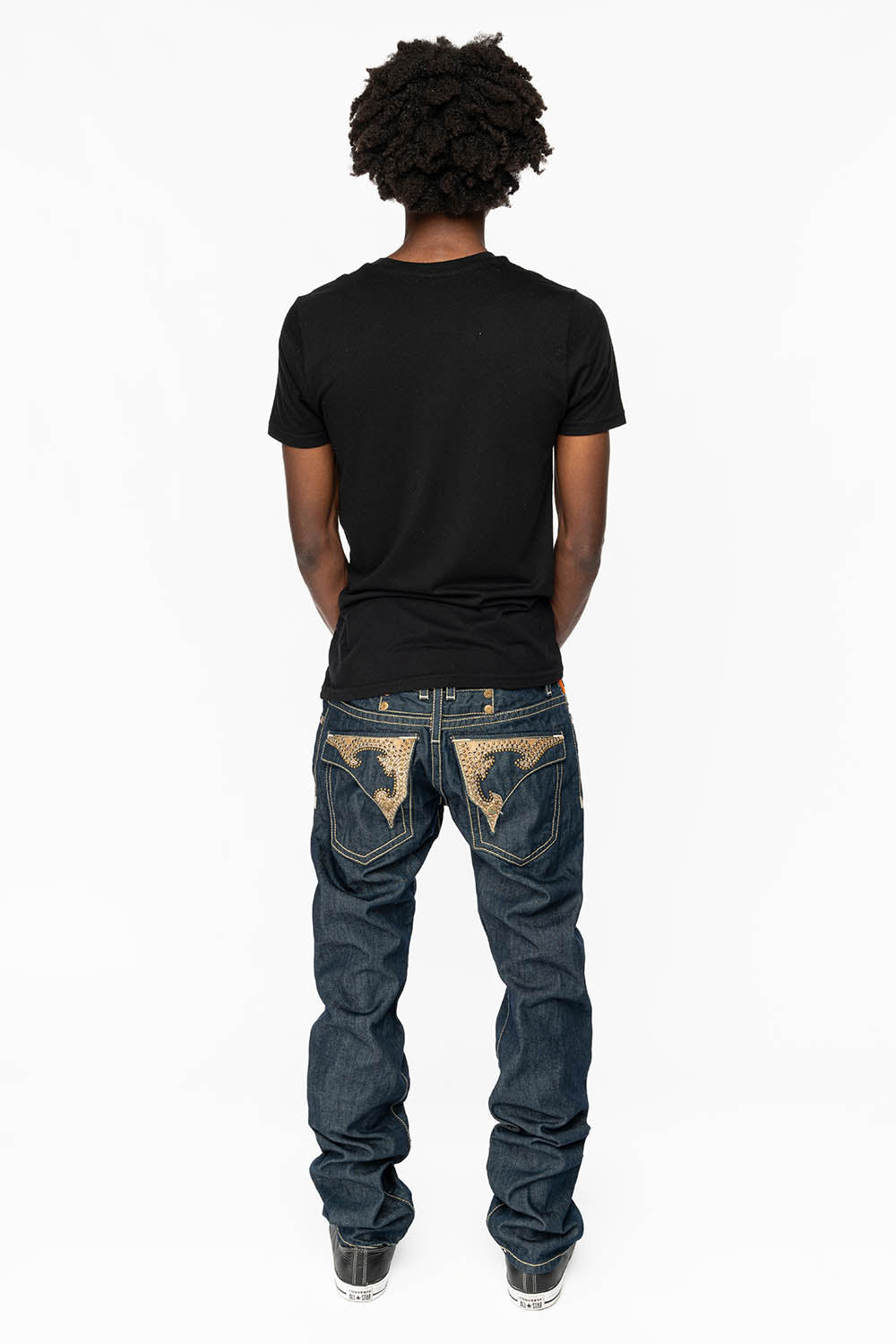 WESTERN RODEO DESIGN LEATHER FLAPS JEAN WITH EMBELLISHMENTS IN RINSE WASH