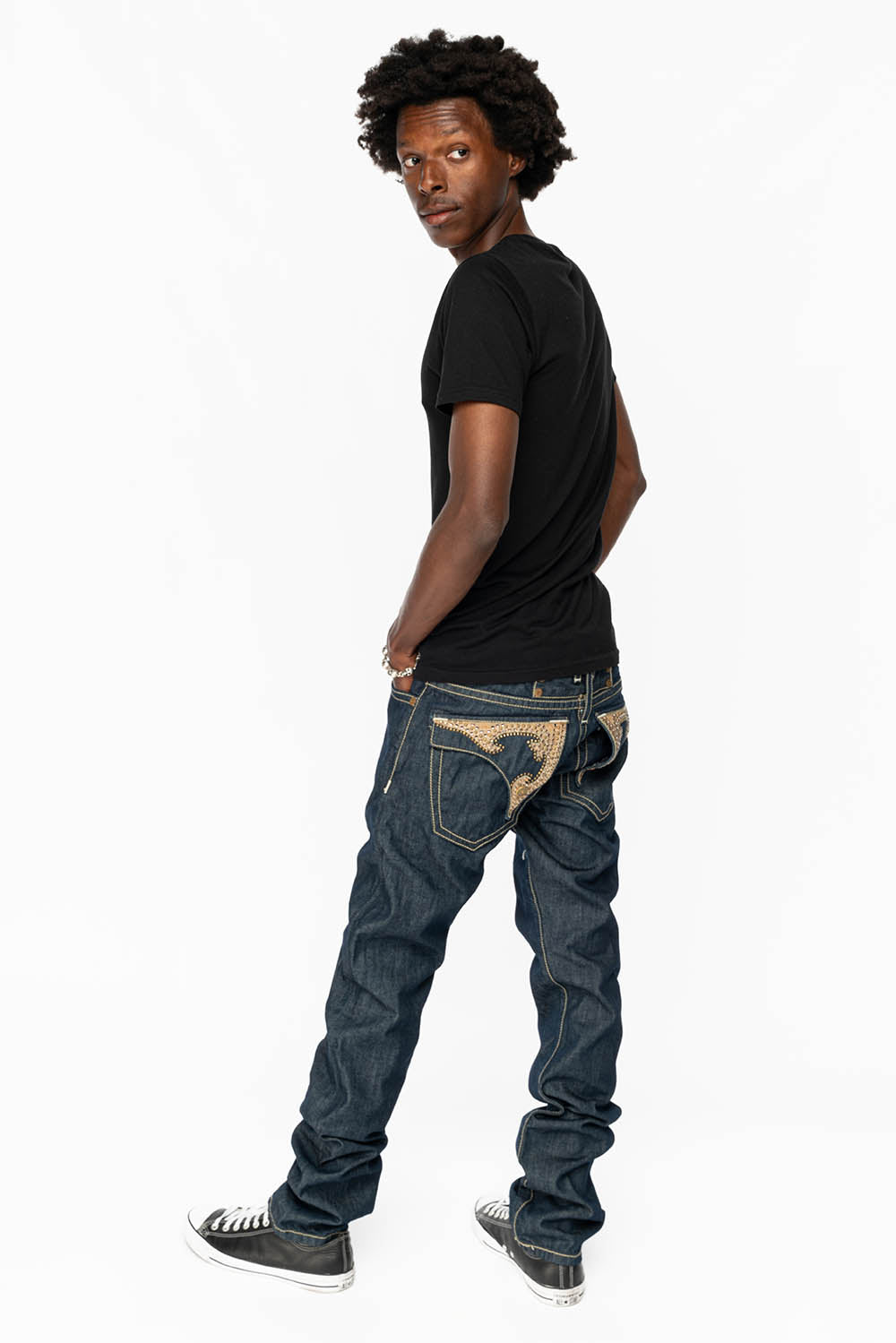 WESTERN RODEO DESIGN LEATHER FLAPS JEAN WITH EMBELLISHMENTS IN RINSE WASH
