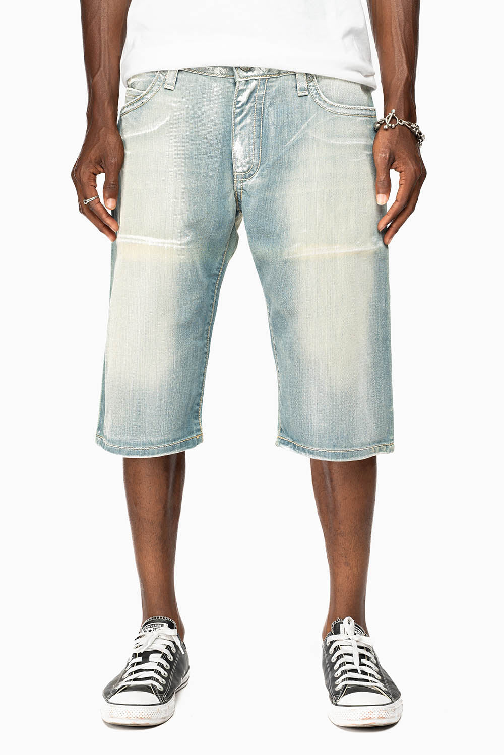 MENS SHORTS WITH KILLER FLAP POCKETS IN GARAGE LIGHT WASH WITH STUDS AND CRYSTALS