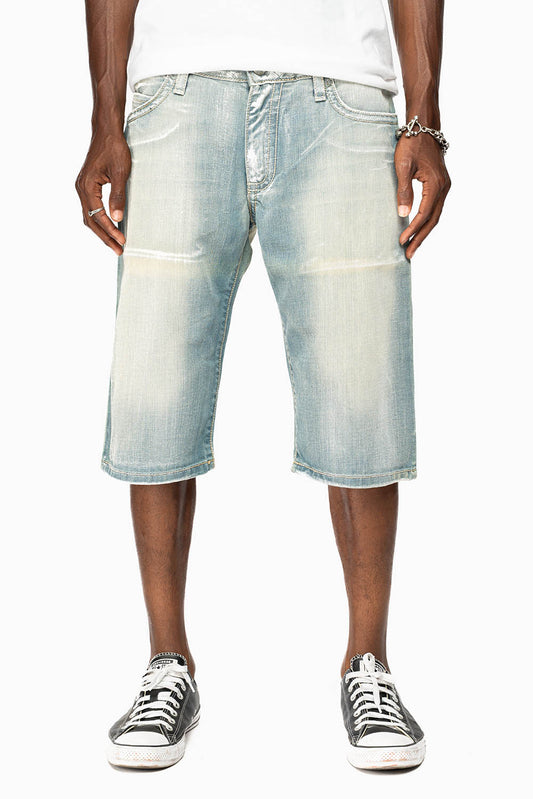 MENS SHORTS WITH KILLER FLAP POCKETS IN GARAGE LIGHT WASH WITH STUDS AND CRYSTALS