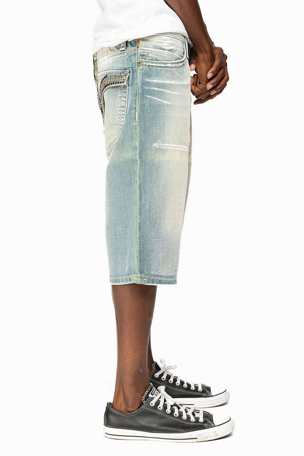 MENS SHORTS WITH KILLER FLAP POCKETS IN GARAGE LIGHT WASH WITH STUDS AND CRYSTALS