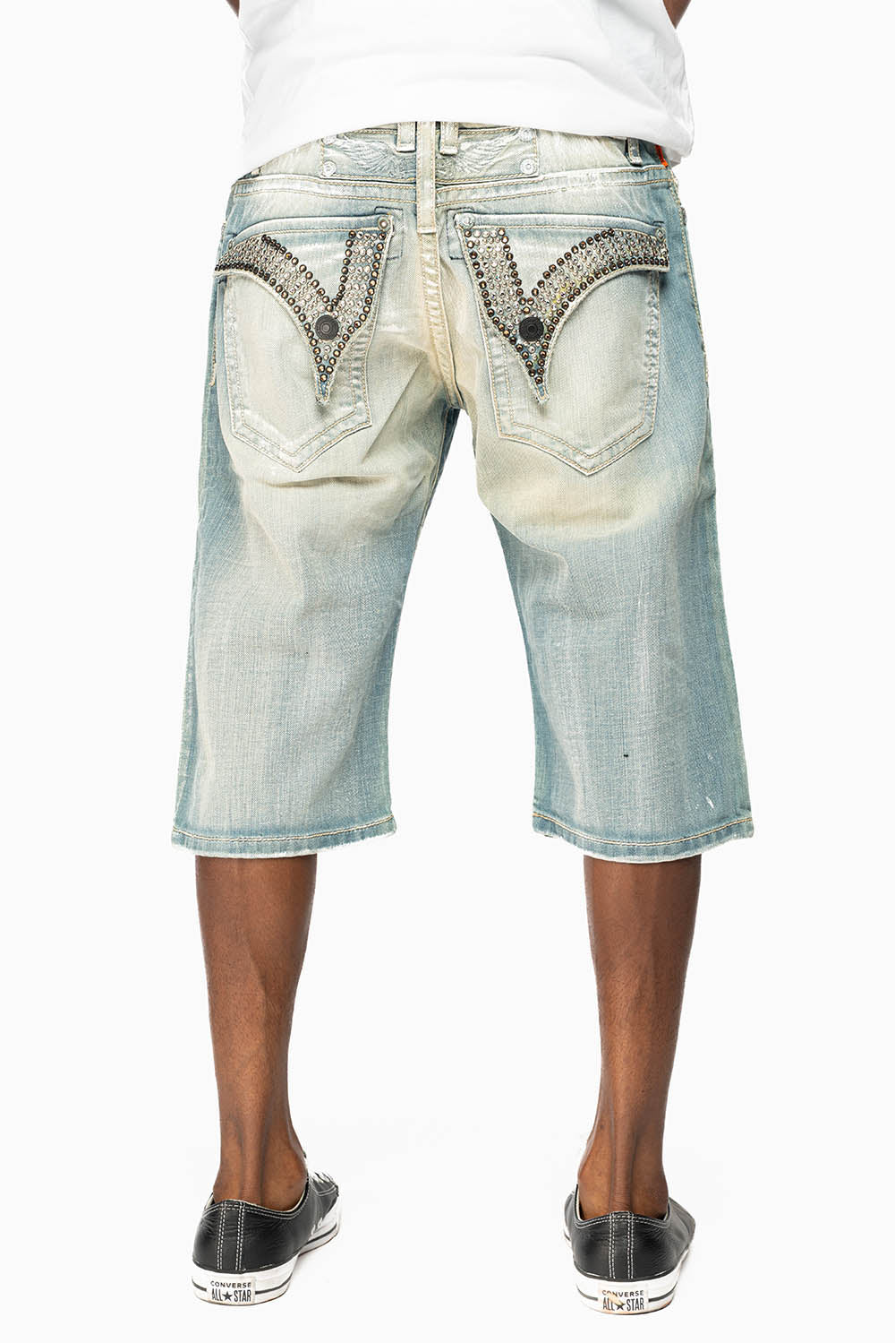MENS SHORTS WITH KILLER FLAP POCKETS IN GARAGE LIGHT WASH WITH STUDS AND CRYSTALS