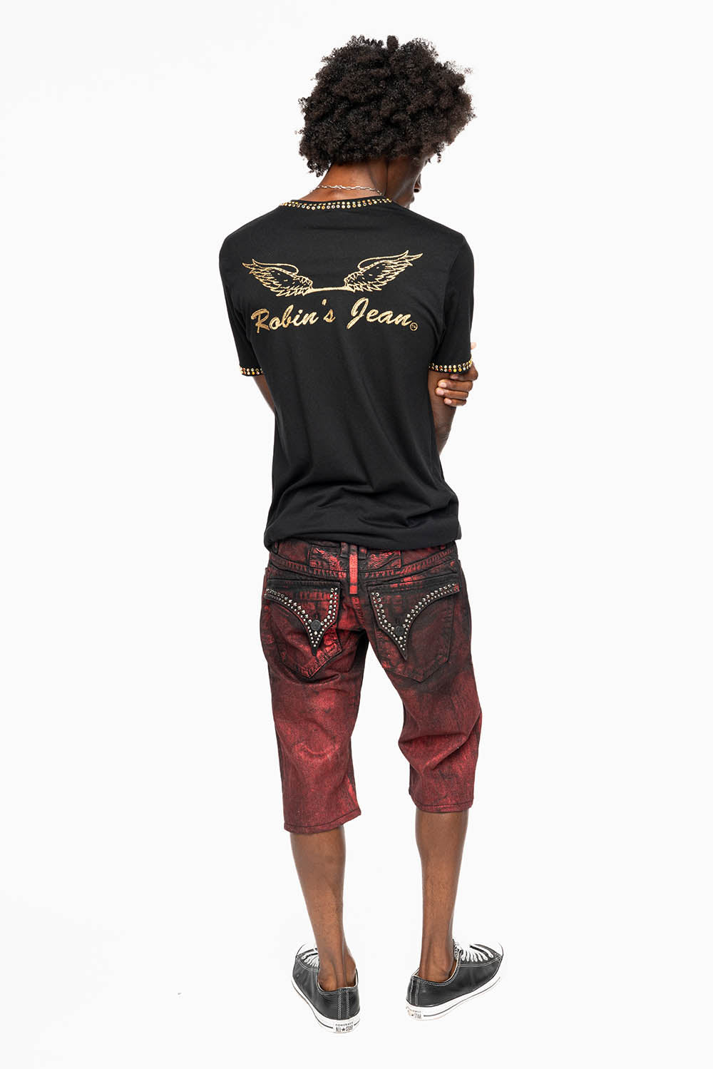 MENS SHORT WITH FLAP POCKETS IN RUSH RED WASH WITH CRYSTALS