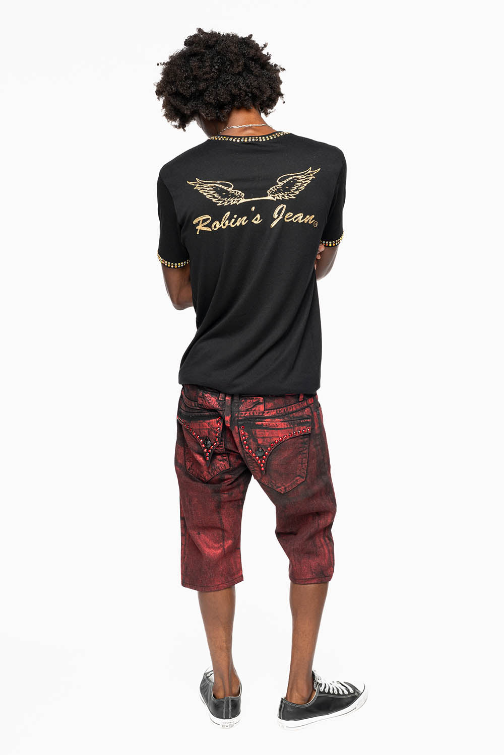 MENS SHORT WITH FLAP POCKETS IN RUSH RED WASH WITH XLARGE RED CRYSTALS