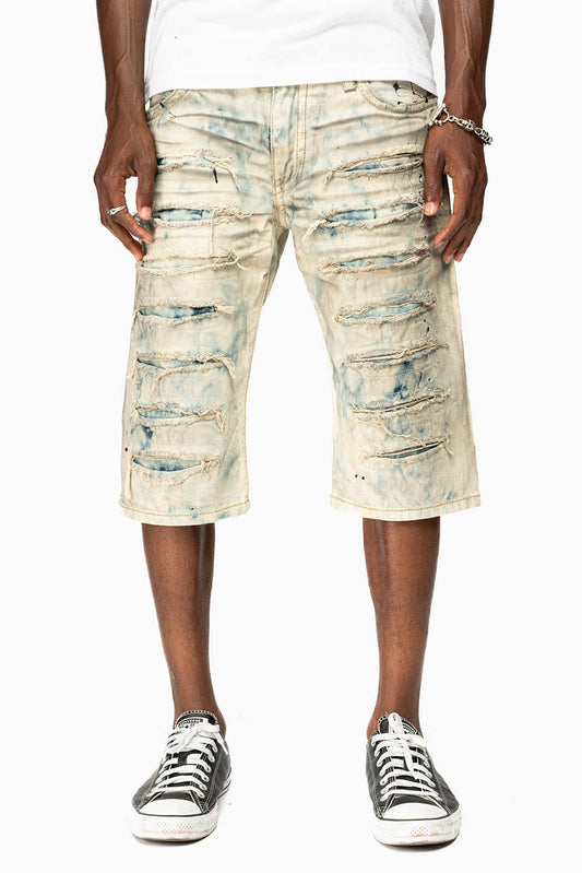 MENS DESTROYED SHORTS WITH KILLER FLAP POCKET IN FROZEN WASH WITH STUDS AND CRYSTALS