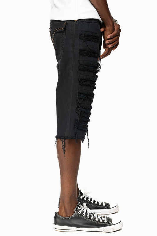 MENS DESTROYED SHORTS WITH KILLER FLAP POCKET IN OVERDYE BLACK WASH WITH CRYSTALS
