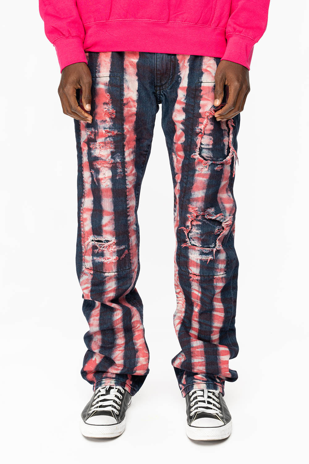 GYPSY STRAIGHT LEG RE-PATCHED JEANS WITH LONG FLAP EMBELLISHED WITH FULL RED CRYSTALS IN PRISONER RED