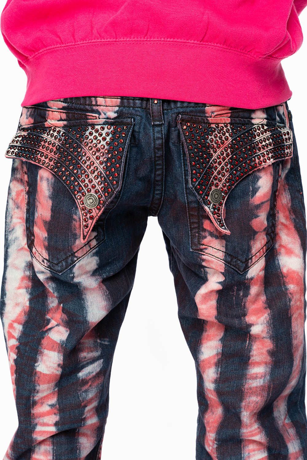 GYPSY STRAIGHT LEG RE-PATCHED JEANS WITH LONG FLAP EMBELLISHED WITH FULL RED CRYSTALS IN PRISONER RED