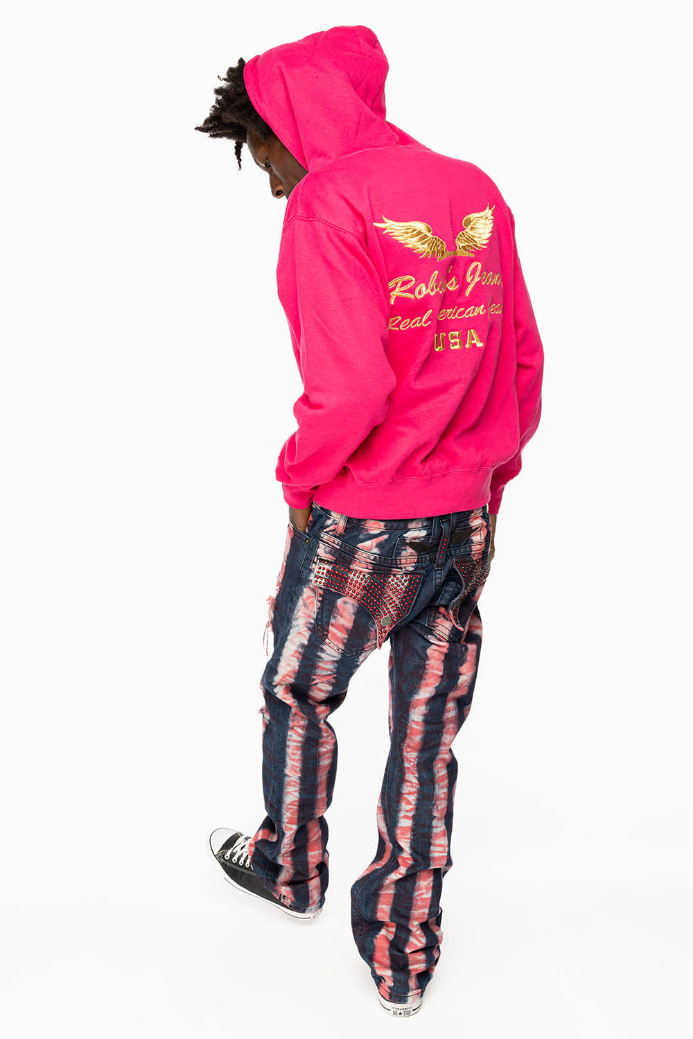 GYPSY STRAIGHT LEG RE-PATCHED JEANS WITH LONG FLAP EMBELLISHED WITH FULL RED CRYSTALS IN PRISONER RED