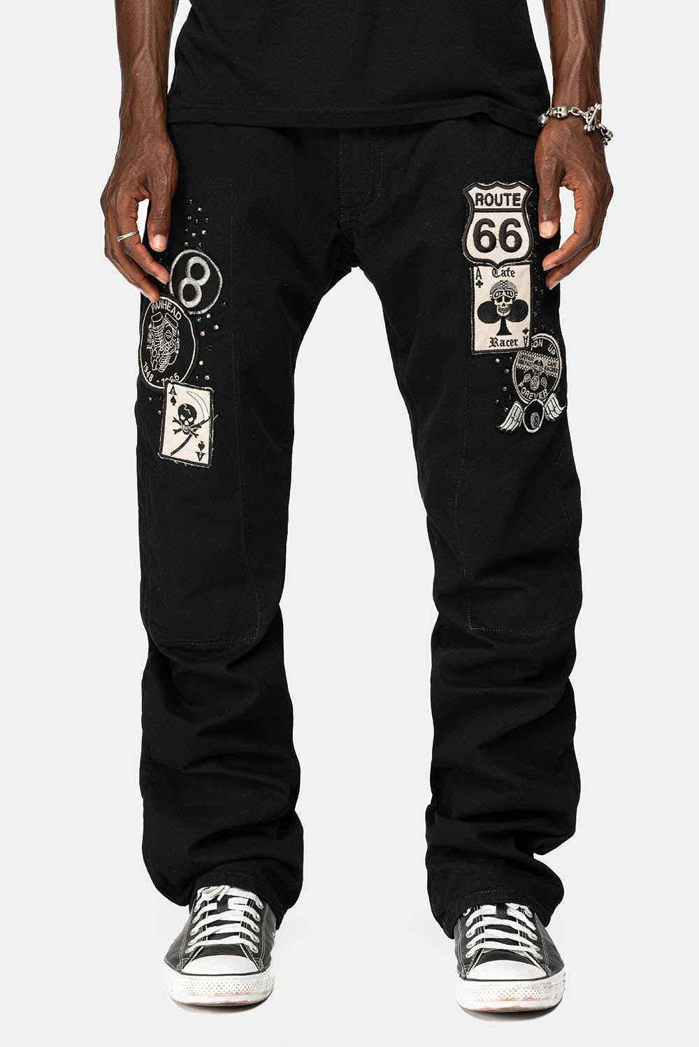 GYPSY STRAIGHT LEG JEANS LIMITED EDITION WITH PATCHES EMBELLISHED WITH CRYSTALS IN PURE BLK