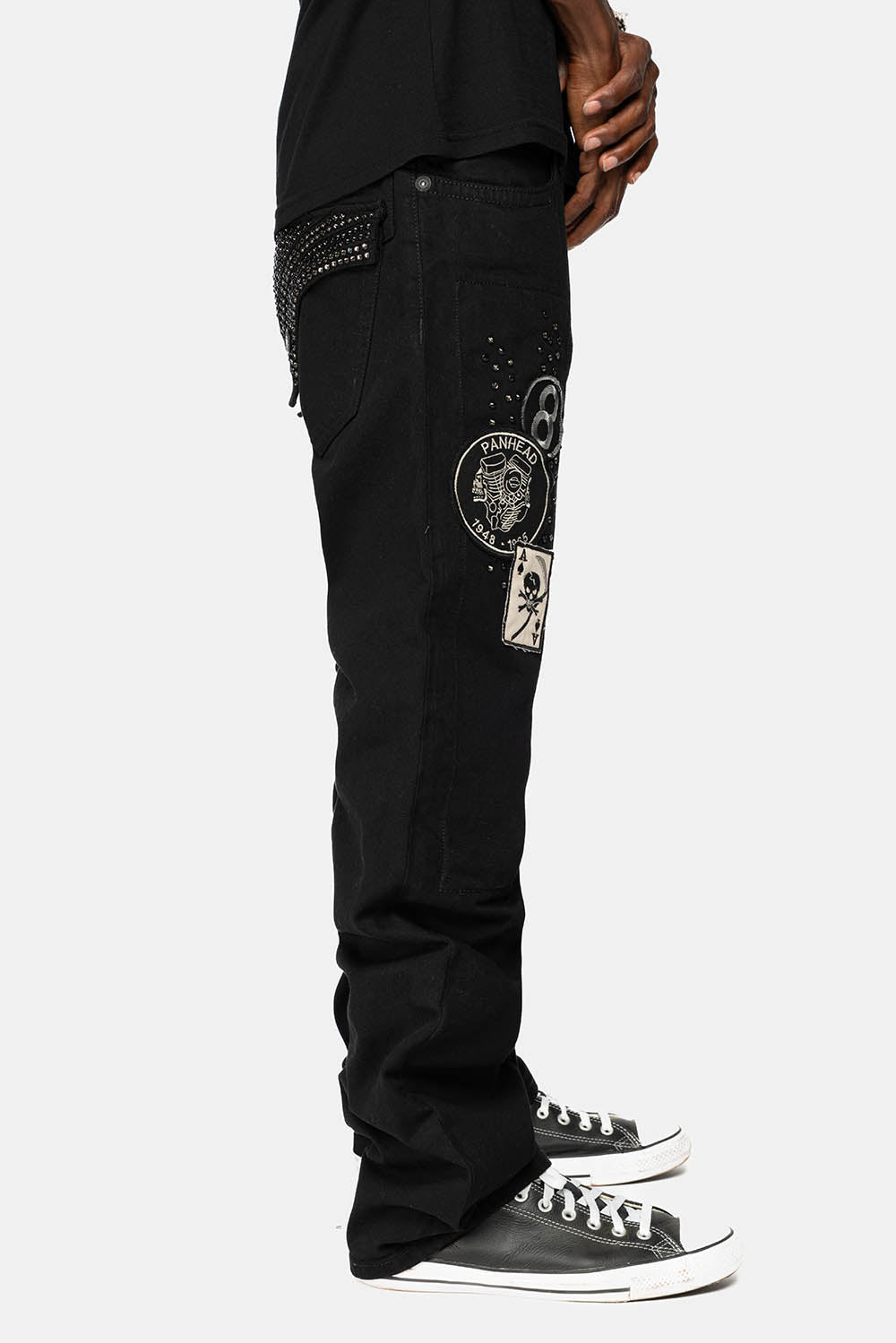 GYPSY STRAIGHT LEG JEANS LIMITED EDITION WITH PATCHES EMBELLISHED WITH CRYSTALS IN PURE BLK