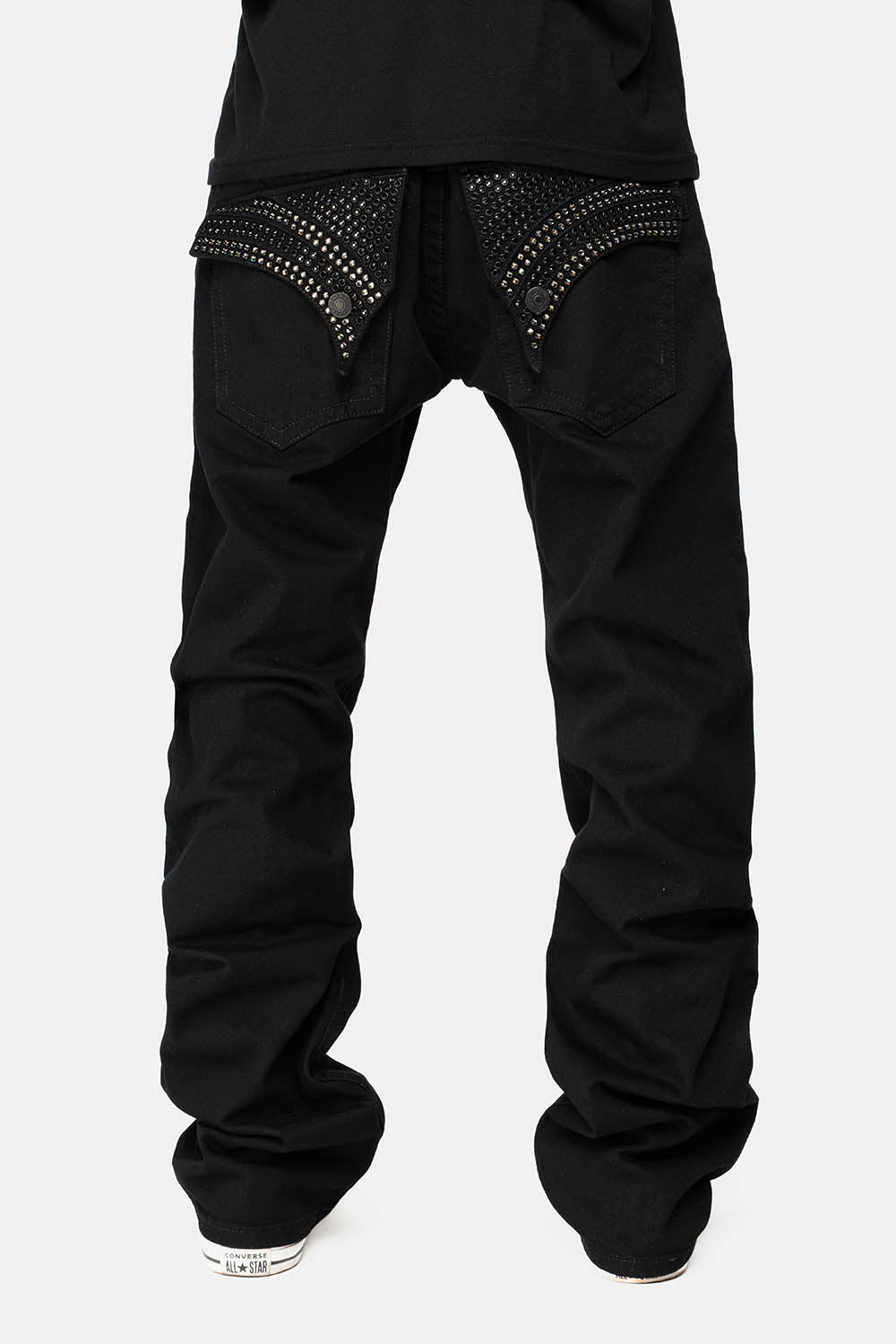 GYPSY STRAIGHT LEG JEANS LIMITED EDITION WITH PATCHES EMBELLISHED WITH CRYSTALS IN PURE BLK