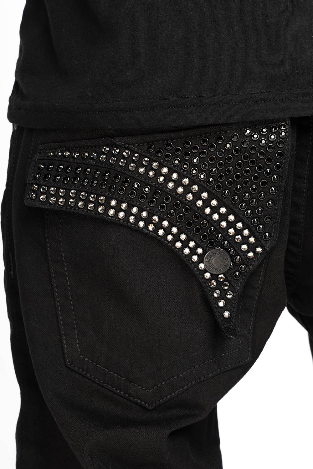 GYPSY STRAIGHT LEG JEANS LIMITED EDITION WITH PATCHES EMBELLISHED WITH CRYSTALS IN PURE BLK