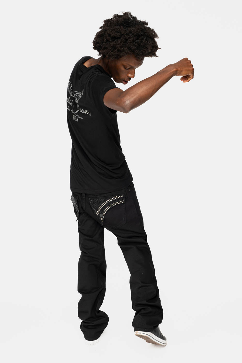 GYPSY STRAIGHT LEG JEANS LIMITED EDITION WITH PATCHES EMBELLISHED WITH CRYSTALS IN PURE BLK