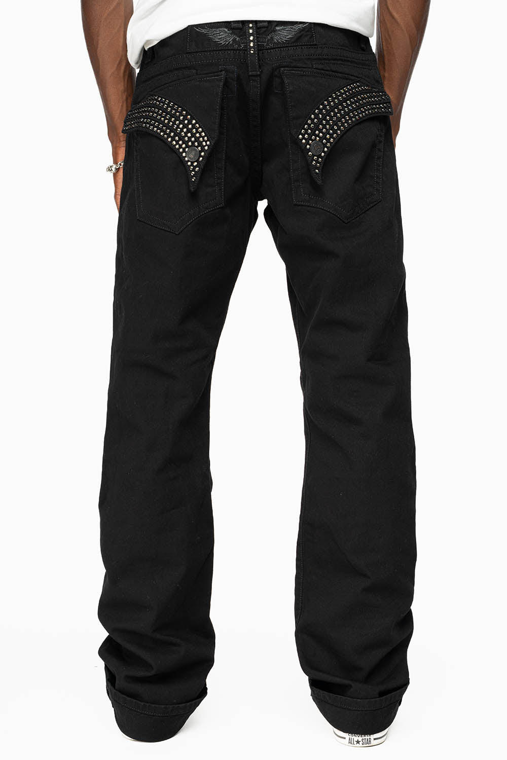 GYPSY STRAIGHT LEG JEANS LIMITED EDITION RIPPED AND REPATCHED IN PURE BLK AND EMBELLISHED WITH BLK DIAMOND CRYSTALS