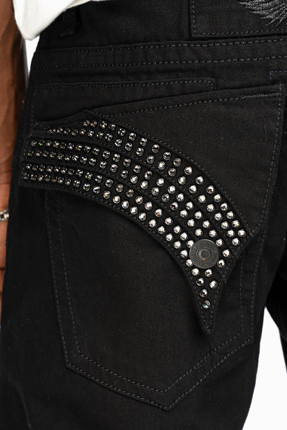 GYPSY STRAIGHT LEG JEANS LIMITED EDITION RIPPED AND REPATCHED IN PURE BLK AND EMBELLISHED WITH BLK DIAMOND CRYSTALS