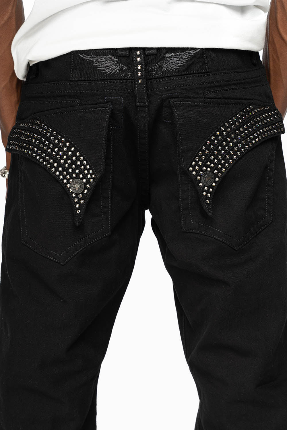 GYPSY STRAIGHT LEG JEANS LIMITED EDITION RIPPED AND REPATCHED IN PURE BLK AND EMBELLISHED WITH BLK DIAMOND CRYSTALS