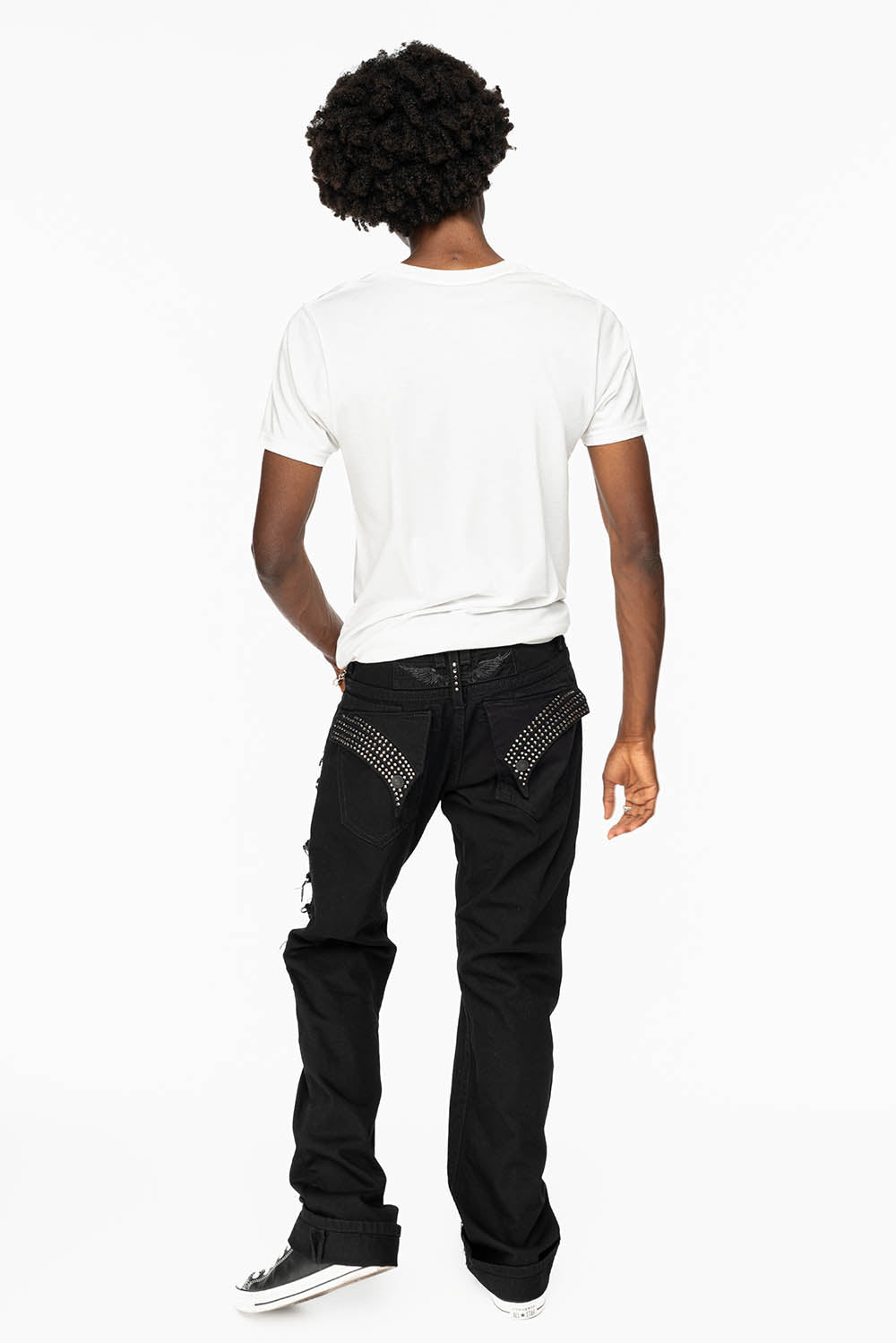 GYPSY STRAIGHT LEG JEANS LIMITED EDITION RIPPED AND REPATCHED IN PURE BLK AND EMBELLISHED WITH BLK DIAMOND CRYSTALS