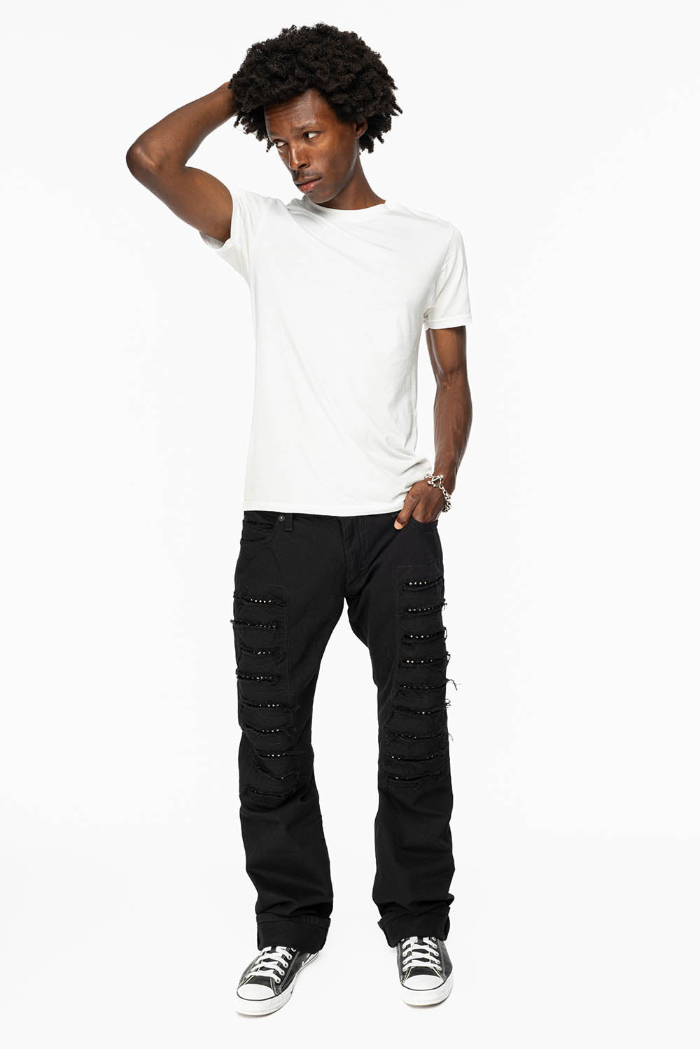 GYPSY STRAIGHT LEG JEANS LIMITED EDITION RIPPED AND REPATCHED IN PURE BLK AND EMBELLISHED WITH BLK DIAMOND CRYSTALS