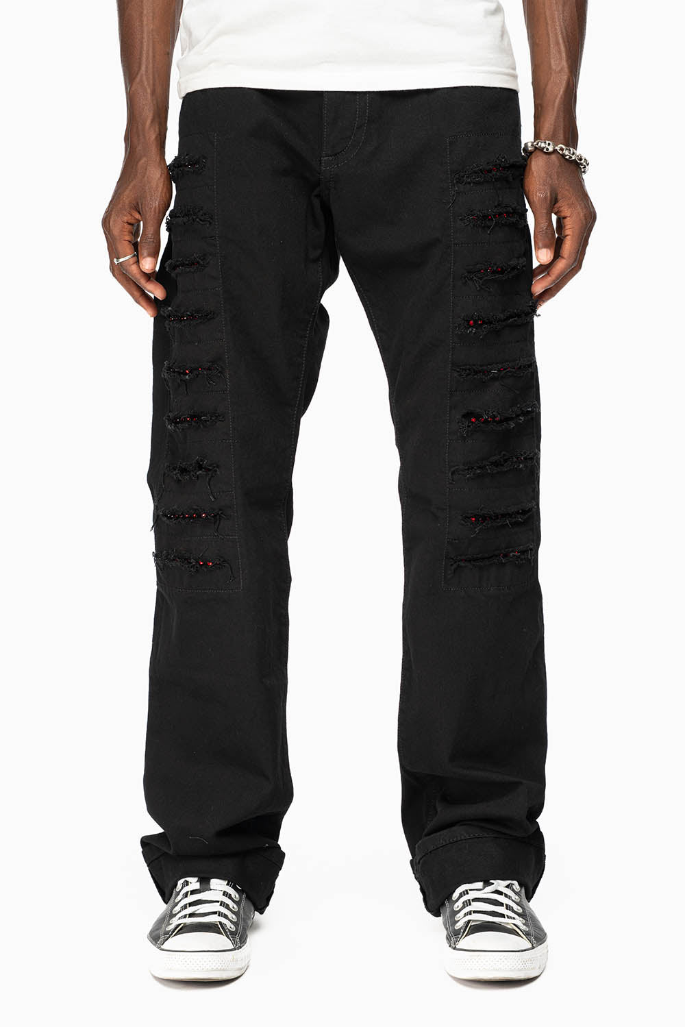 GYPSY STRAIGHT LEG JEANS LIMITED EDITION RIPPED AND REPATCHED IN PURE BLK AND EMBELLISHED WITH RED CRYSTALS