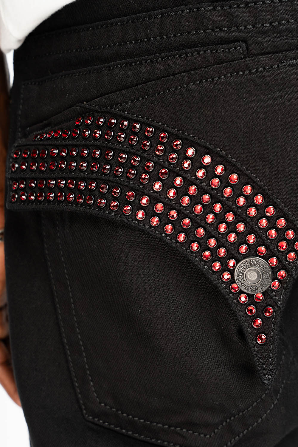 GYPSY STRAIGHT LEG JEANS LIMITED EDITION RIPPED AND REPATCHED IN PURE BLK AND EMBELLISHED WITH RED CRYSTALS