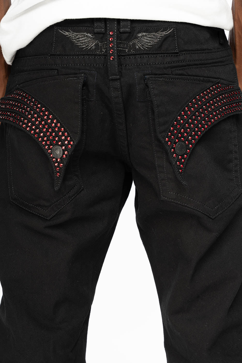 GYPSY STRAIGHT LEG JEANS LIMITED EDITION RIPPED AND REPATCHED IN PURE BLK AND EMBELLISHED WITH RED CRYSTALS