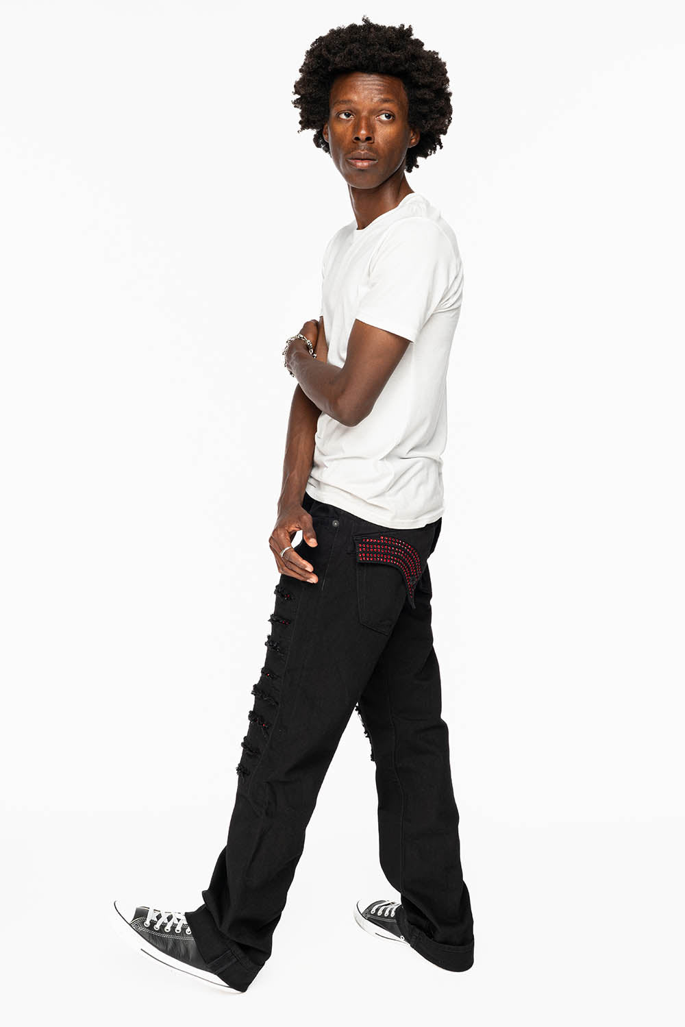 GYPSY STRAIGHT LEG JEANS LIMITED EDITION RIPPED AND REPATCHED IN PURE BLK AND EMBELLISHED WITH RED CRYSTALS