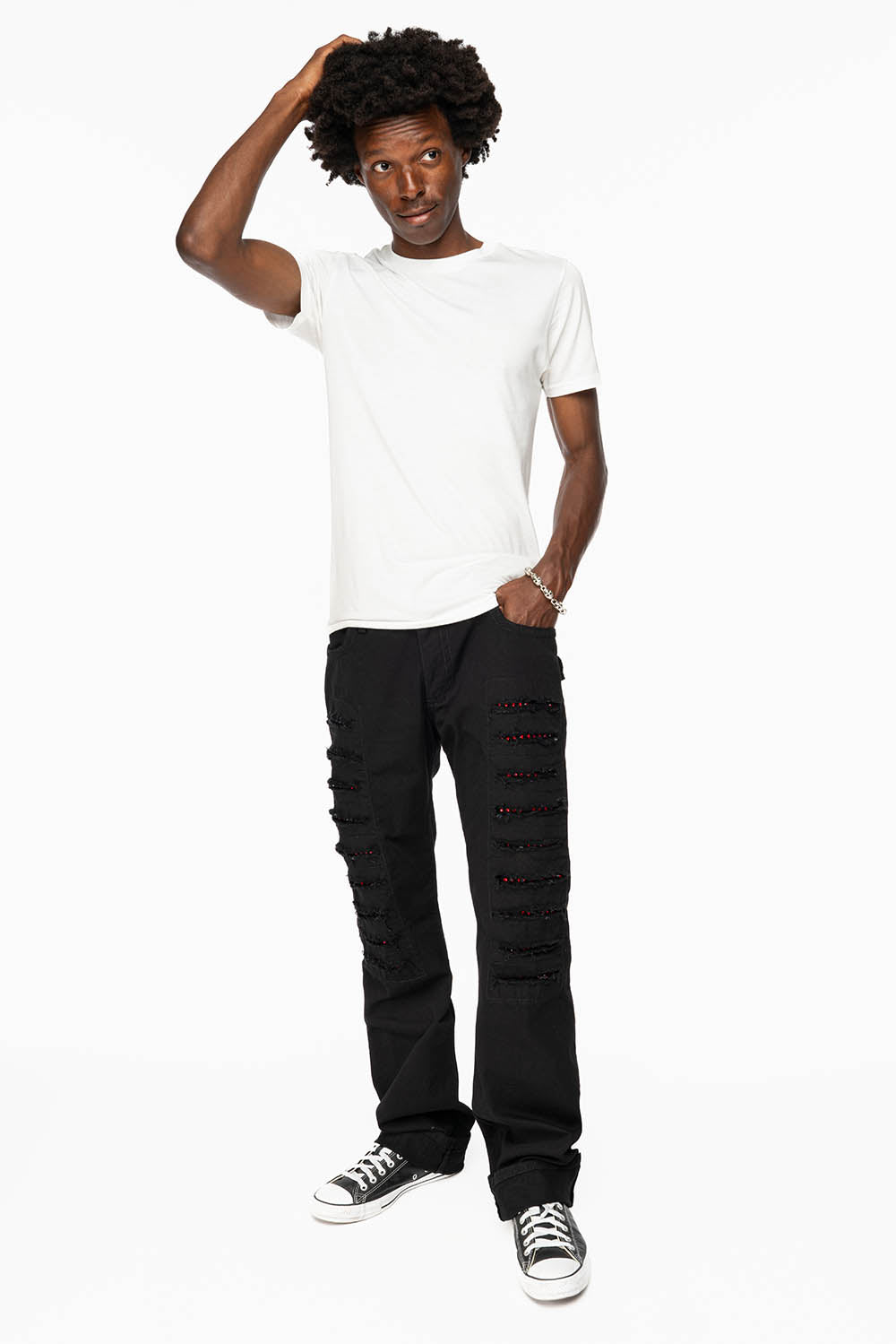 GYPSY STRAIGHT LEG JEANS LIMITED EDITION RIPPED AND REPATCHED IN PURE BLK AND EMBELLISHED WITH RED CRYSTALS