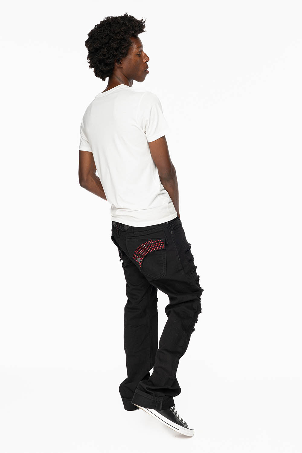 GYPSY STRAIGHT LEG JEANS LIMITED EDITION RIPPED AND REPATCHED IN PURE BLK AND EMBELLISHED WITH RED CRYSTALS