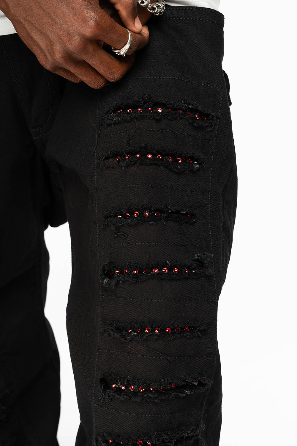GYPSY STRAIGHT LEG JEANS LIMITED EDITION RIPPED AND REPATCHED IN PURE BLK AND EMBELLISHED WITH RED CRYSTALS