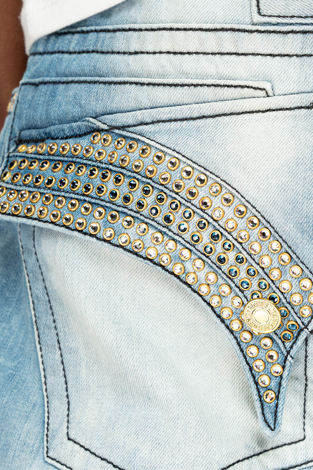 GYPSY STRAIGHT LEG JEANS LIMITED EDITION REPAIRED EMBELLISHED WITH CRYSTALS IN 5D LIGHT WASH