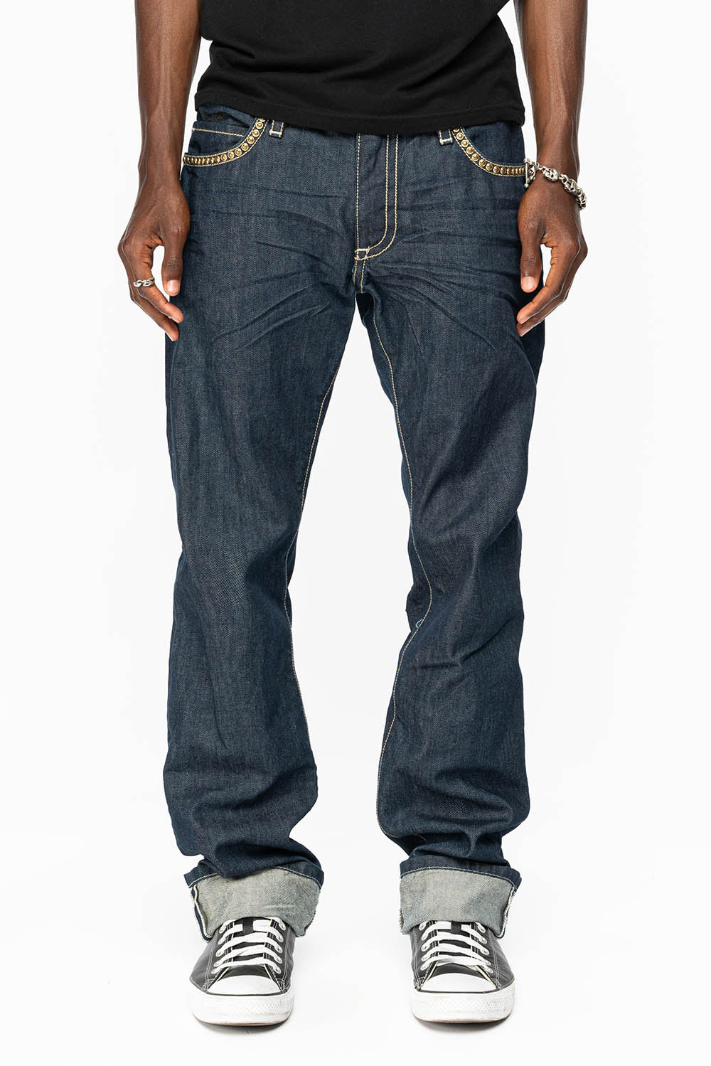 CLINT W/BLACK LEATHER ZIPPER FLAPS EMBELLISHED WITH CRYSTALS AND NAILHEADS IN RINSE WASH