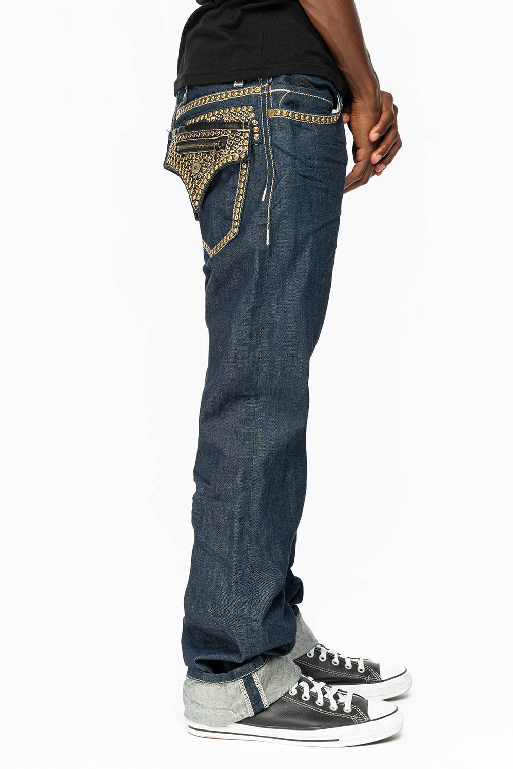 CLINT W/BLACK LEATHER ZIPPER FLAPS EMBELLISHED WITH CRYSTALS AND NAILHEADS IN RINSE WASH