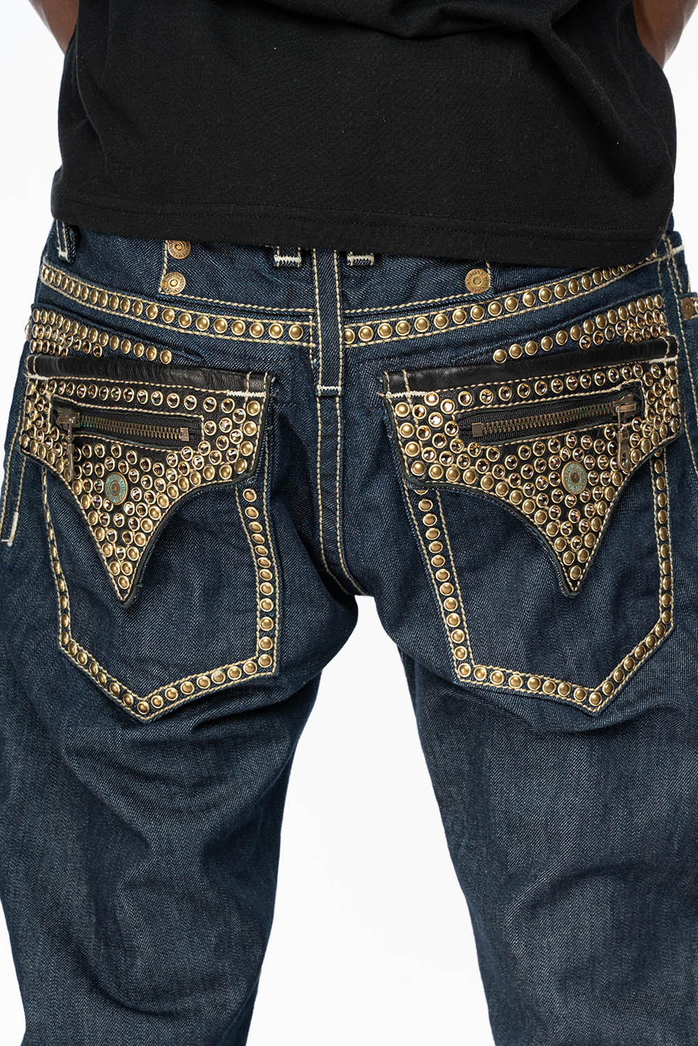CLINT W/BLACK LEATHER ZIPPER FLAPS EMBELLISHED WITH CRYSTALS AND NAILHEADS IN RINSE WASH