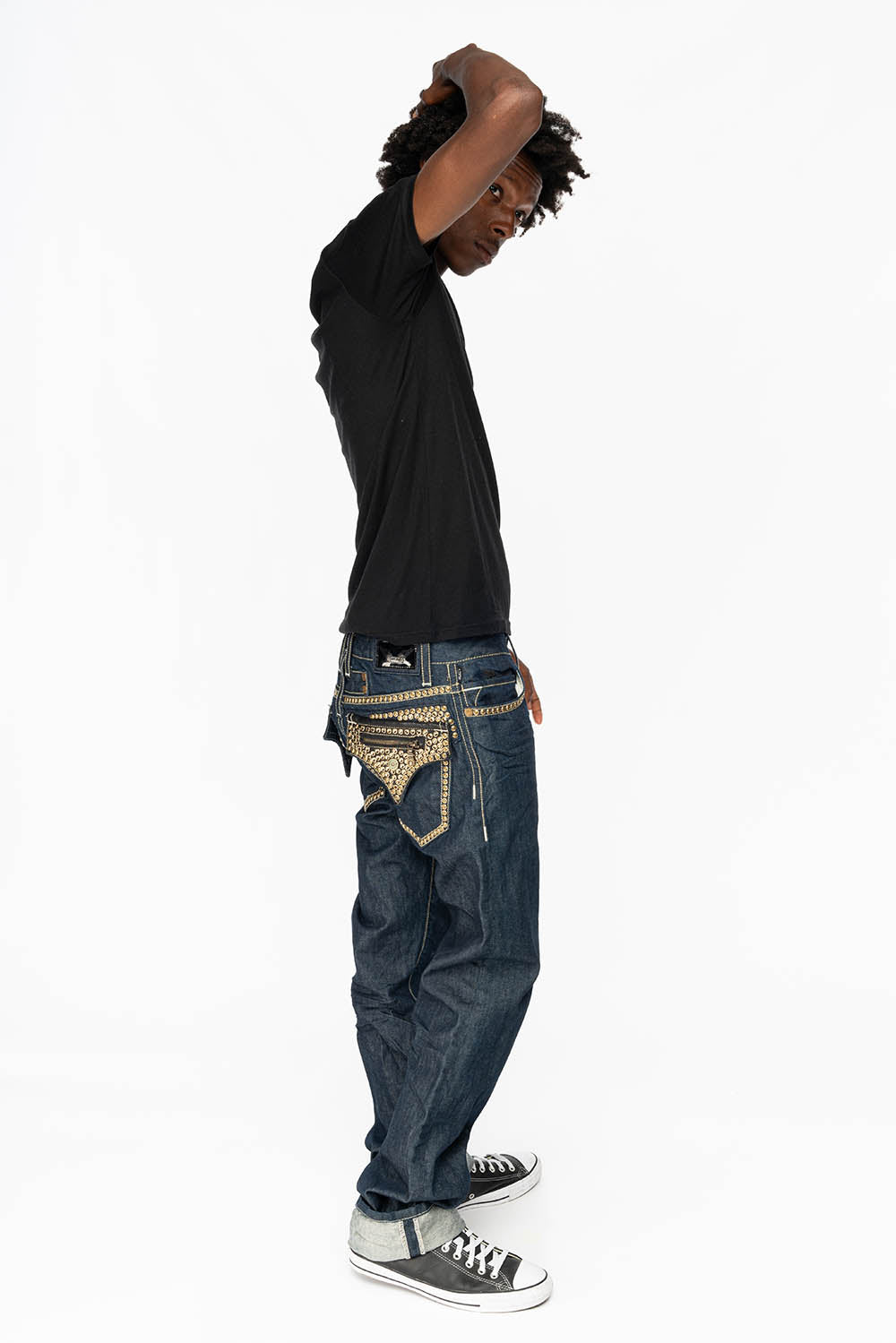 CLINT W/BLACK LEATHER ZIPPER FLAPS EMBELLISHED WITH CRYSTALS AND NAILHEADS IN RINSE WASH