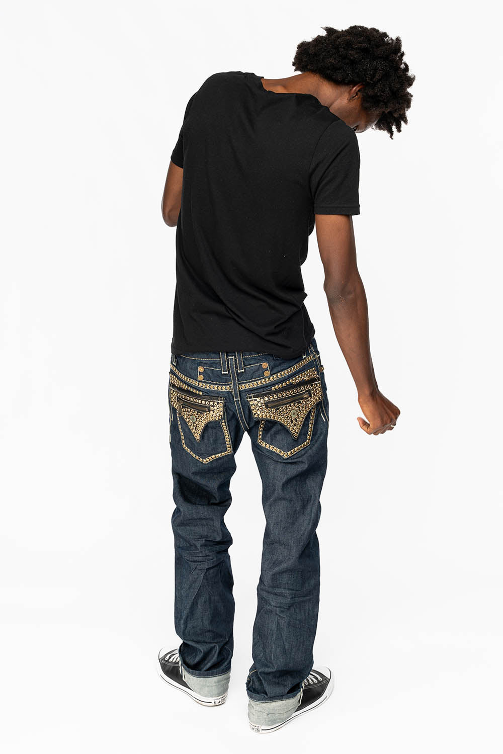 CLINT W/BLACK LEATHER ZIPPER FLAPS EMBELLISHED WITH CRYSTALS AND NAILHEADS IN RINSE WASH