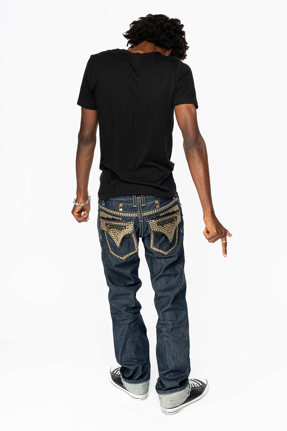 CLINT W/BLACK LEATHER ZIPPER FLAPS EMBELLISHED WITH CRYSTALS AND NAILHEADS IN RINSE WASH