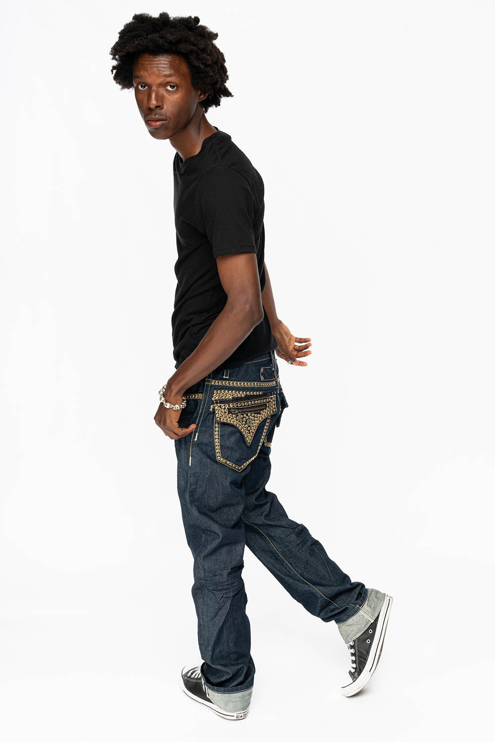 CLINT W/BLACK LEATHER ZIPPER FLAPS EMBELLISHED WITH CRYSTALS AND NAILHEADS IN RINSE WASH