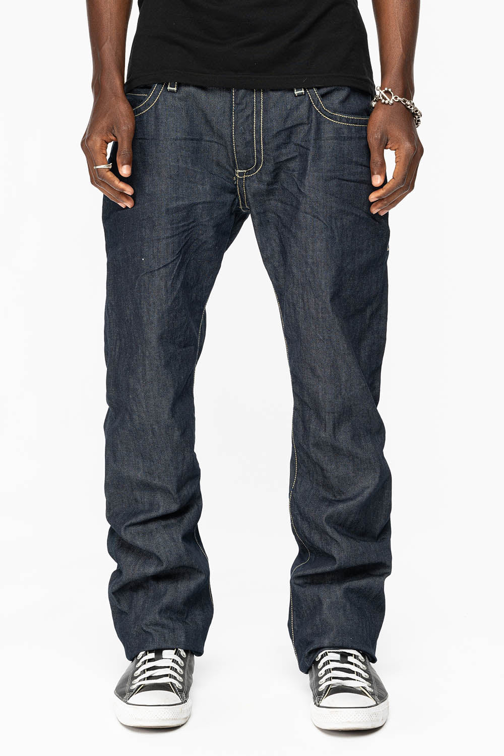 CLINT W/BLACK LEATHER ZIPPER FLAPS IN RINSE WASH