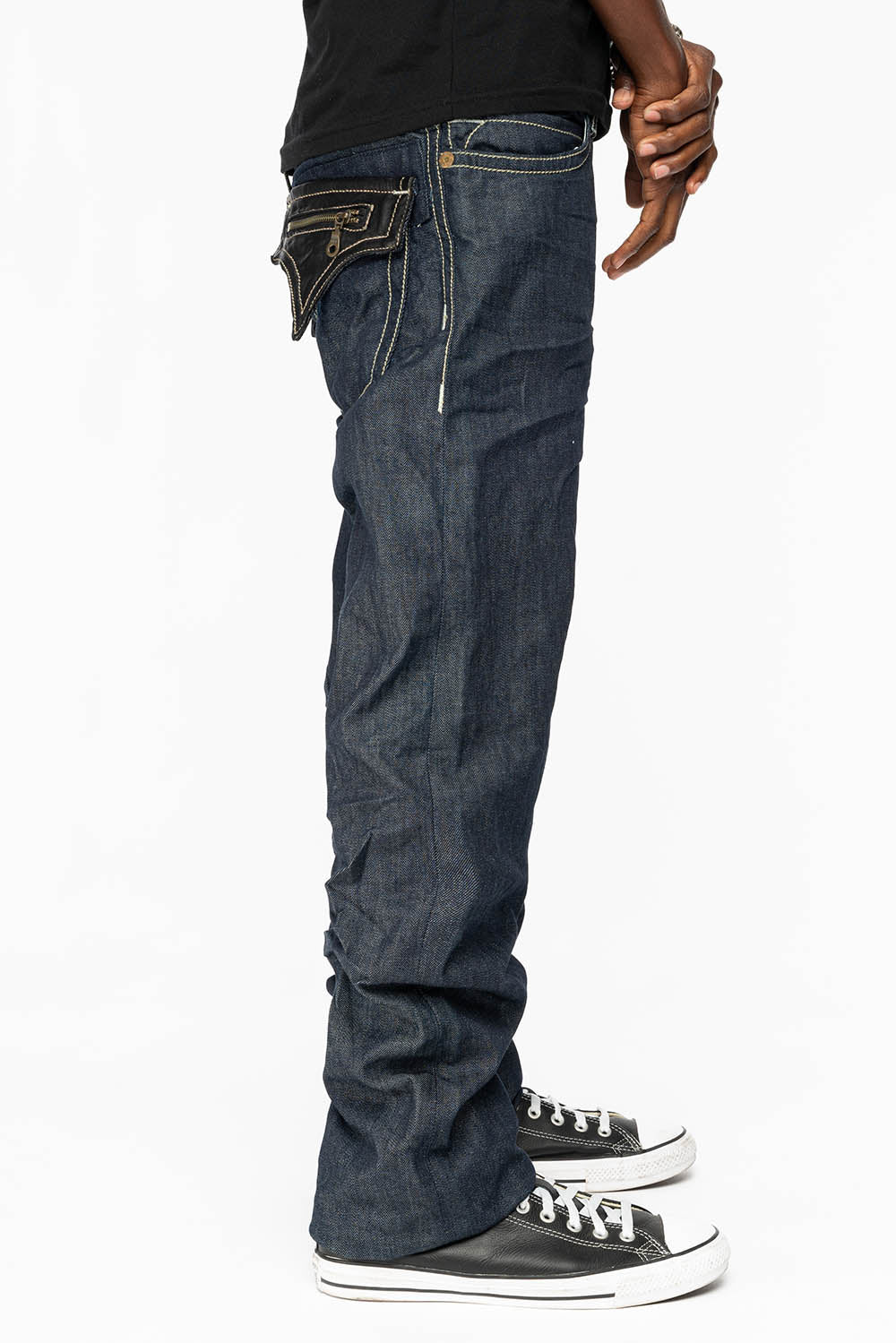 CLINT W/BLACK LEATHER ZIPPER FLAPS IN RINSE WASH