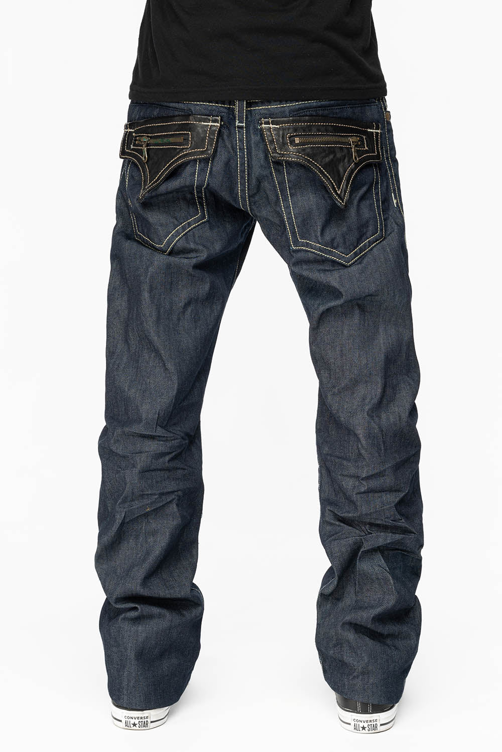 CLINT W/BLACK LEATHER ZIPPER FLAPS IN RINSE WASH