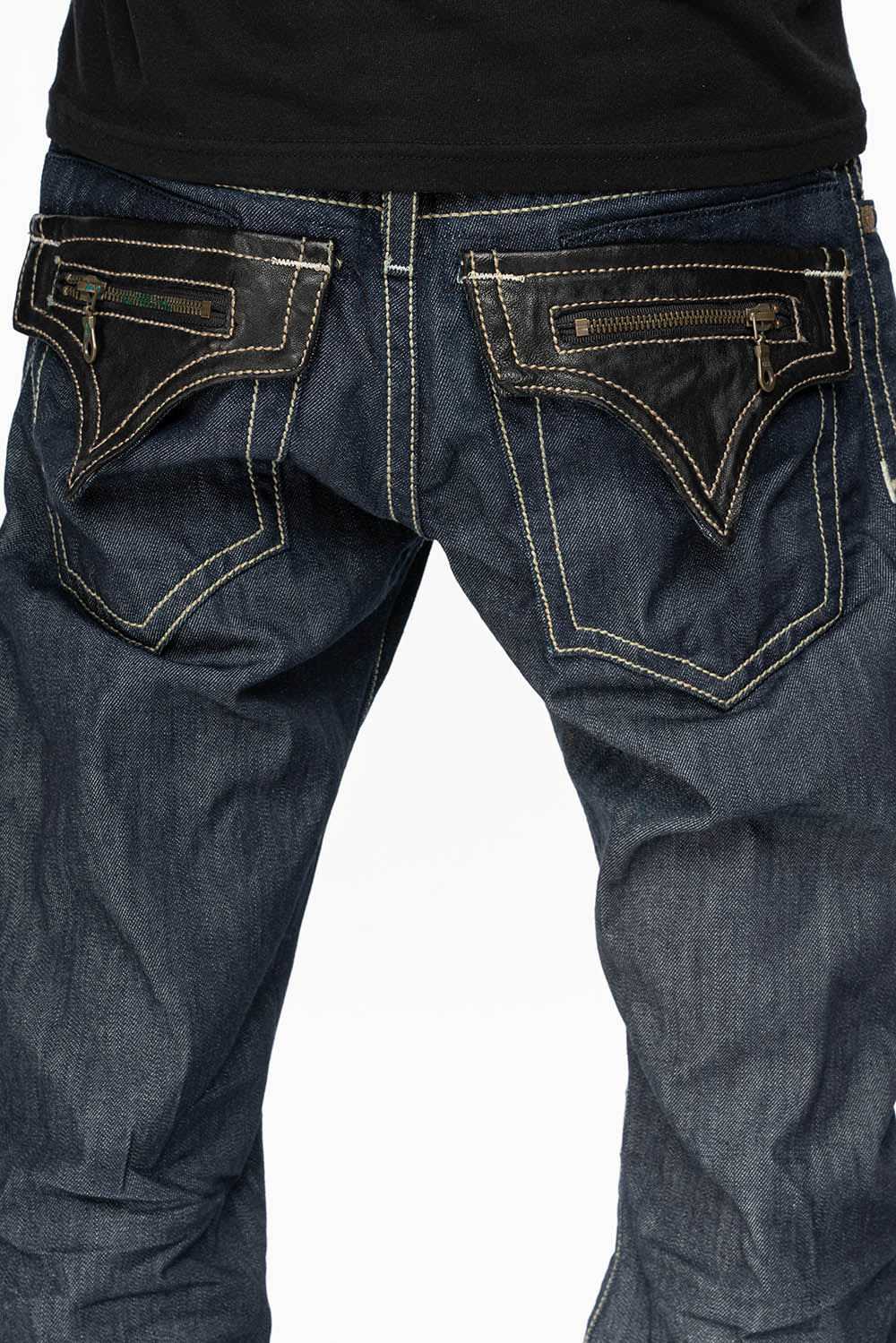CLINT W/BLACK LEATHER ZIPPER FLAPS IN RINSE WASH