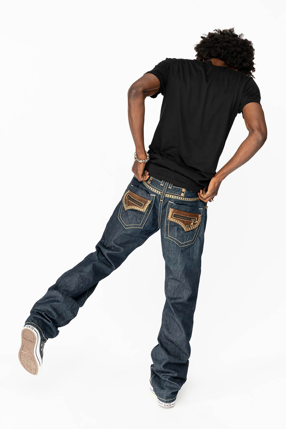 INDIAN W/BROWN LEATHER ZIPPER FLAPS IN RINSE WASH WITH STUDS