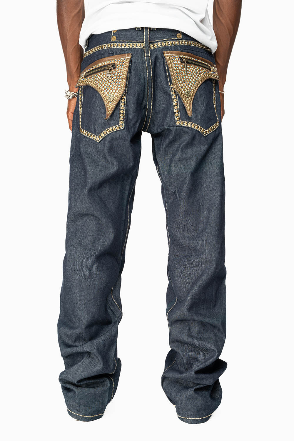 CLINT IN RINSE WASH BROWN LEATHER ZIPPER FLAPS FULLY EMBELLISHED WITH CRYSTALS AND STUDS