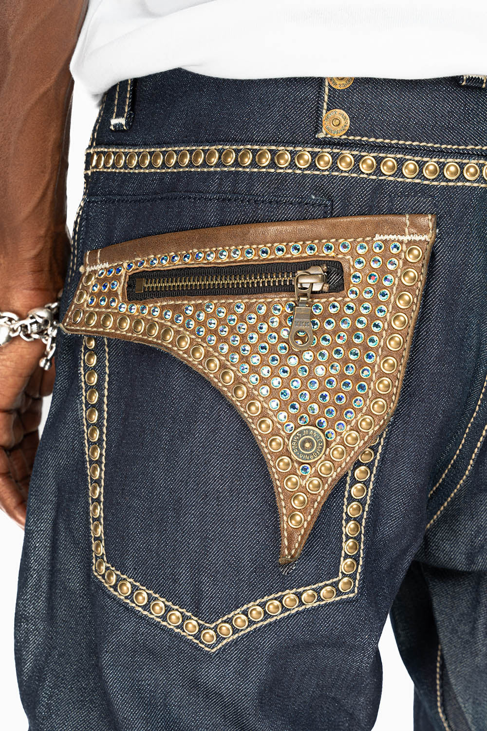 CLINT IN RINSE WASH BROWN LEATHER ZIPPER FLAPS FULLY EMBELLISHED WITH CRYSTALS AND STUDS