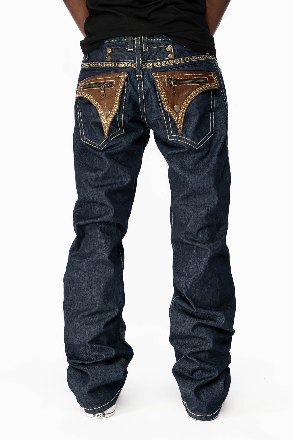 CLINT W/BROWN LEATHER ZIPPER FLAPS IN RINSE WASH WITH ANTIQUE BRASS EMBELLISHMENT