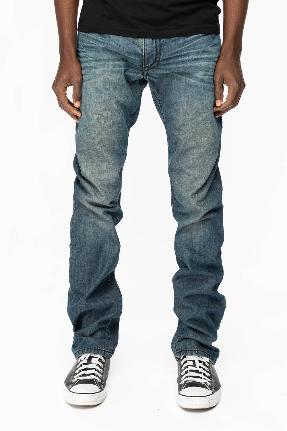 MENS CLASSIC 5 POCKET STRAIGHT LEG JEANS IN SMOKEY MEDIUM WASH WITH STUDS AND CRYSTALS