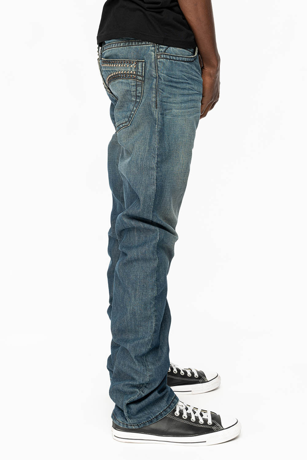 MENS CLASSIC 5 POCKET STRAIGHT LEG JEANS IN SMOKEY MEDIUM WASH WITH STUDS AND CRYSTALS