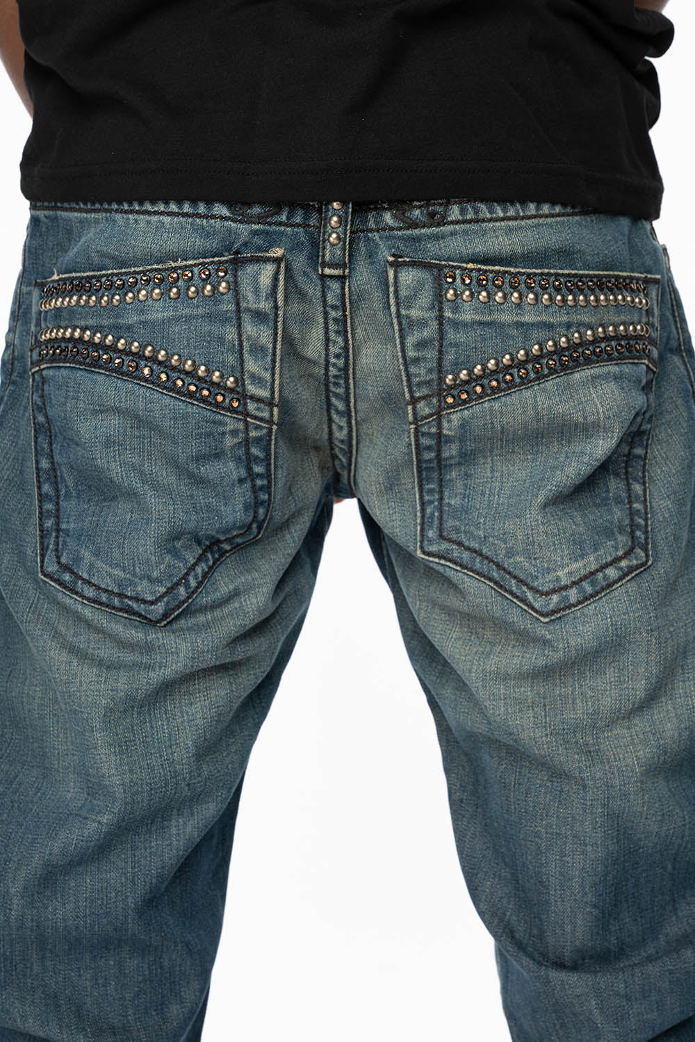 MENS CLASSIC 5 POCKET STRAIGHT LEG JEANS IN SMOKEY MEDIUM WASH WITH STUDS AND CRYSTALS