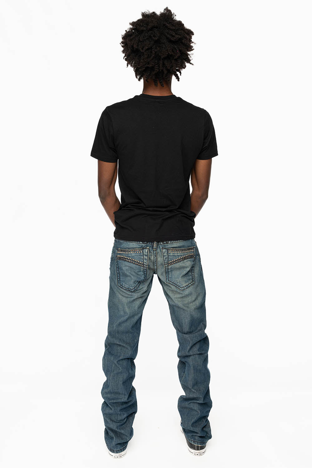 MENS CLASSIC 5 POCKET STRAIGHT LEG JEANS IN SMOKEY MEDIUM WASH WITH STUDS AND CRYSTALS